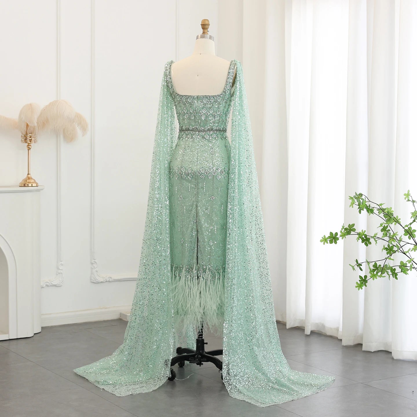 Rhinestone Feather Cape Sleeve Formal Dresses