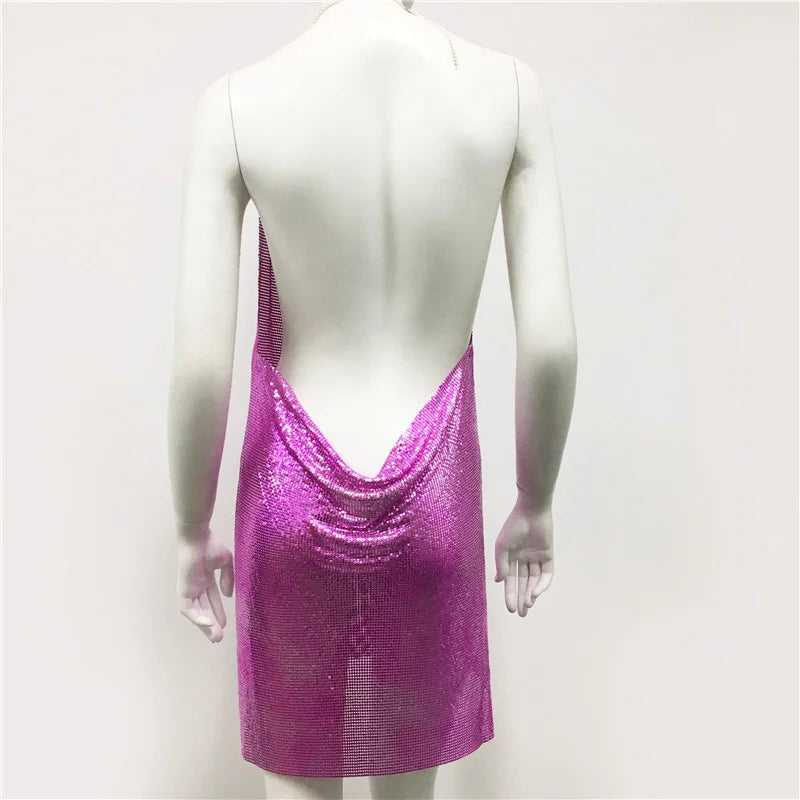 Metal See Through Backless Mini Dresses