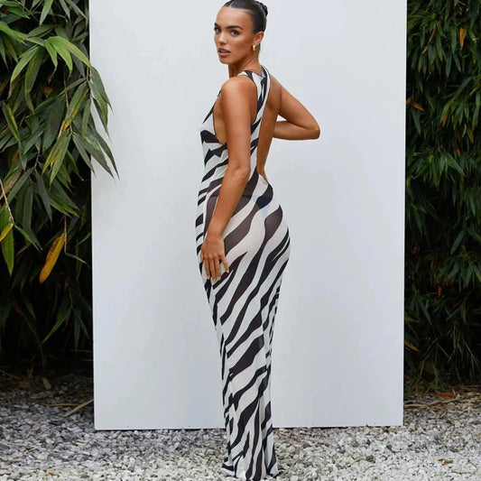 Zebra Striped See-through Long Dress