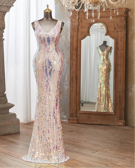 Sparkling Sequin V Sleeveless Mermaid Long Dresses