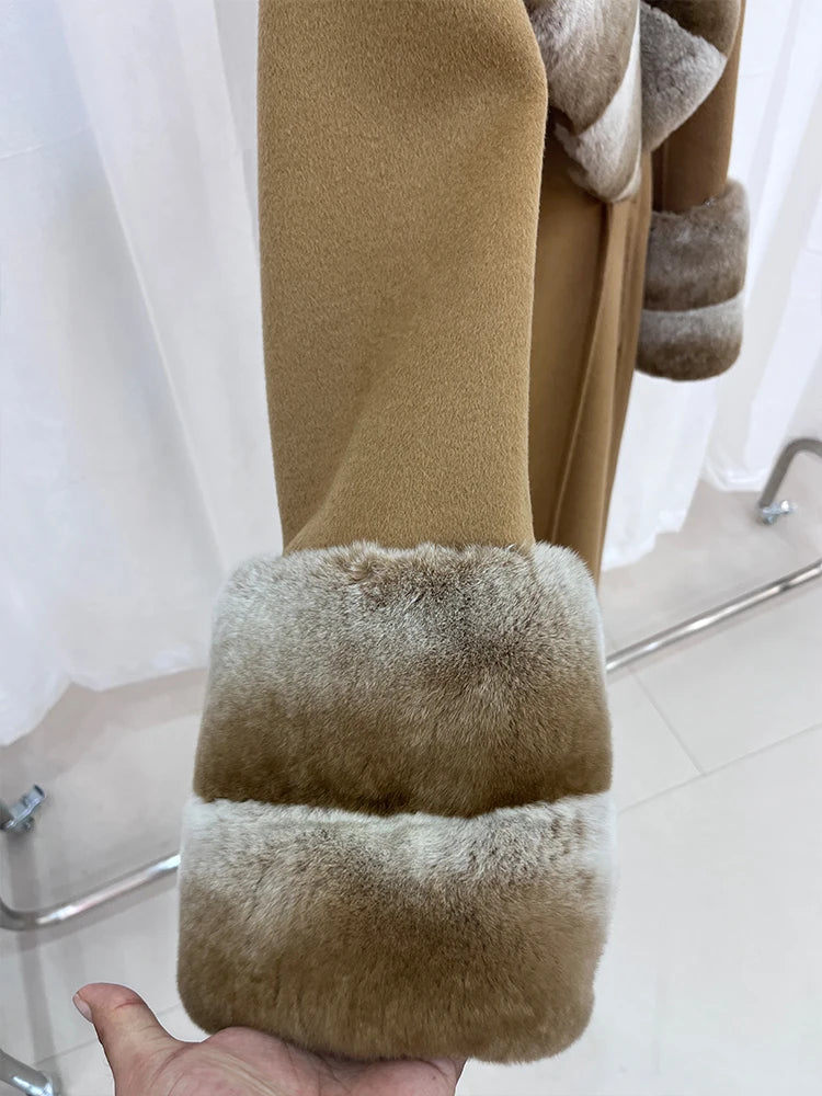Long Cashmere Wool Coats Real Fur Collar & Cuffs