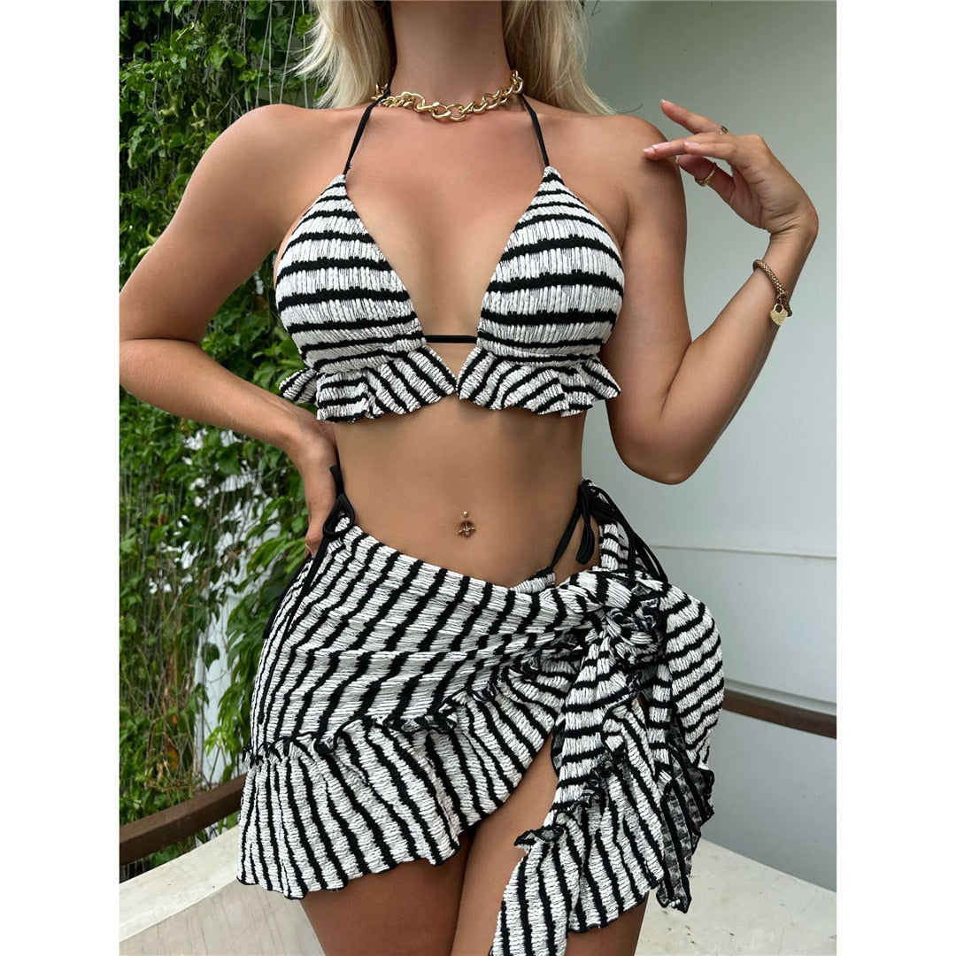 Striped Ruffled Sarong Bikini Set & Mini Skirt