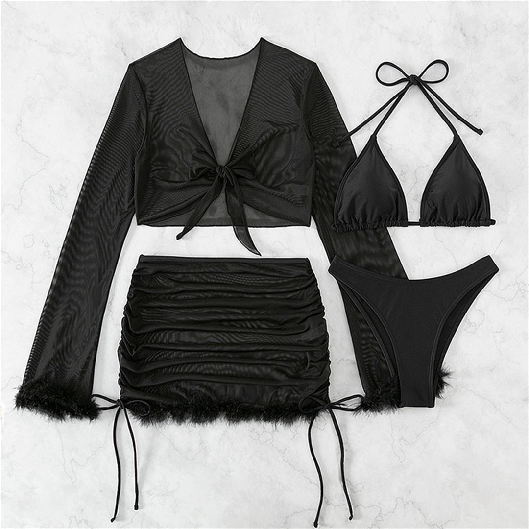 Bikini Set & Mesh Long Sleeve Crop & Mini Skirt 4 Pcs