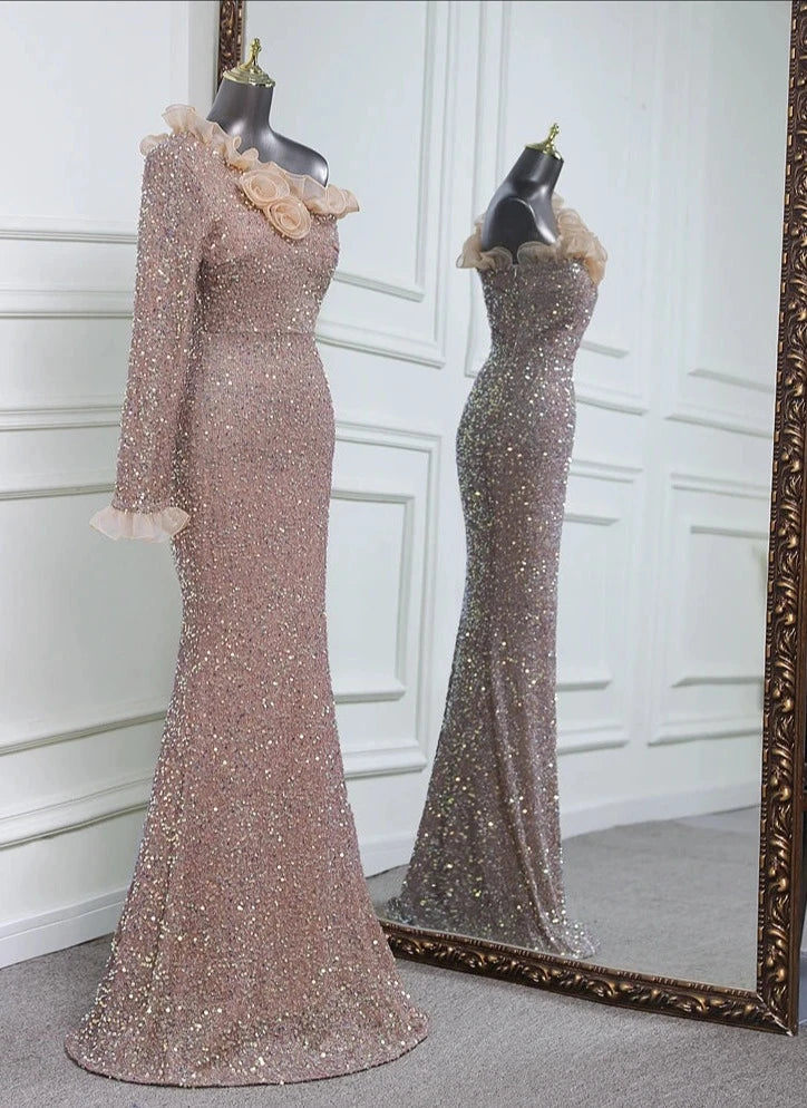 Sequins One Sleeve Lace Floor-Length Dresses