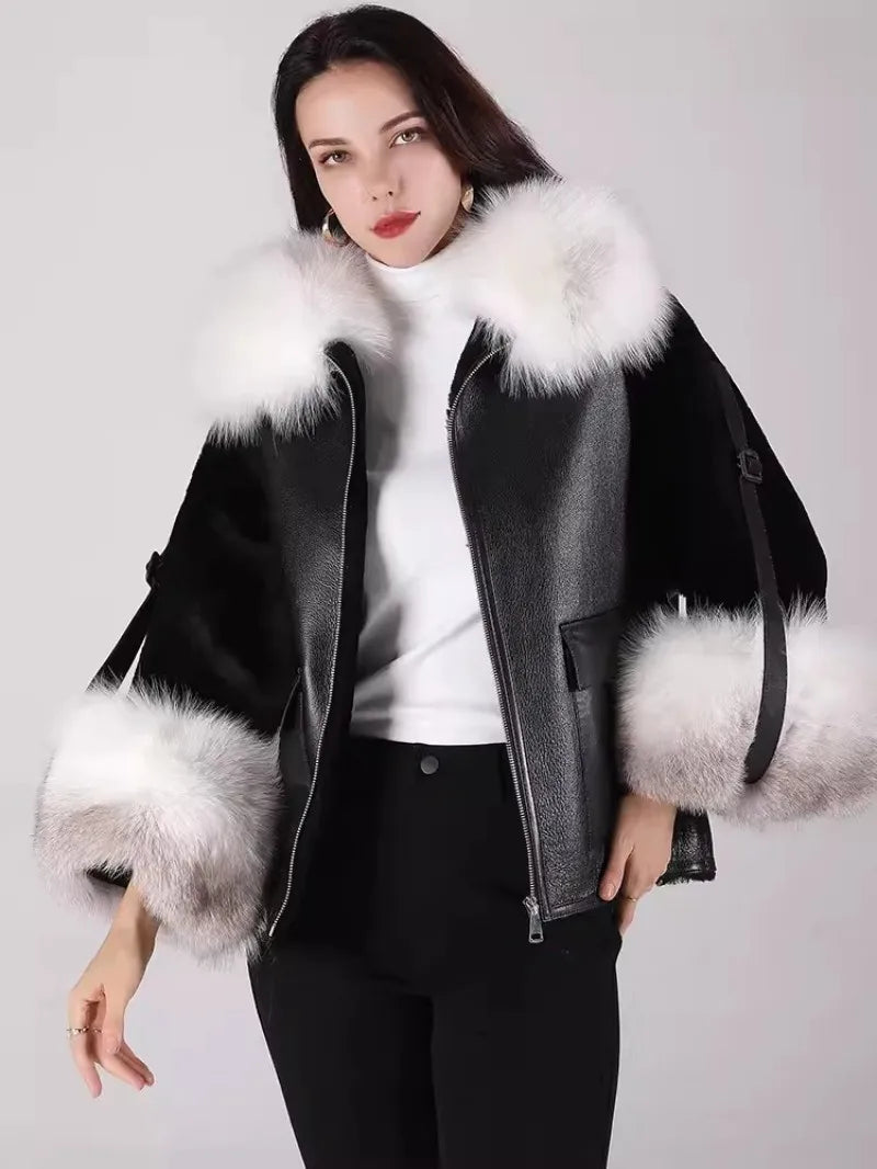 Genuine Leather Shearling Sleeve Real Fur Coats