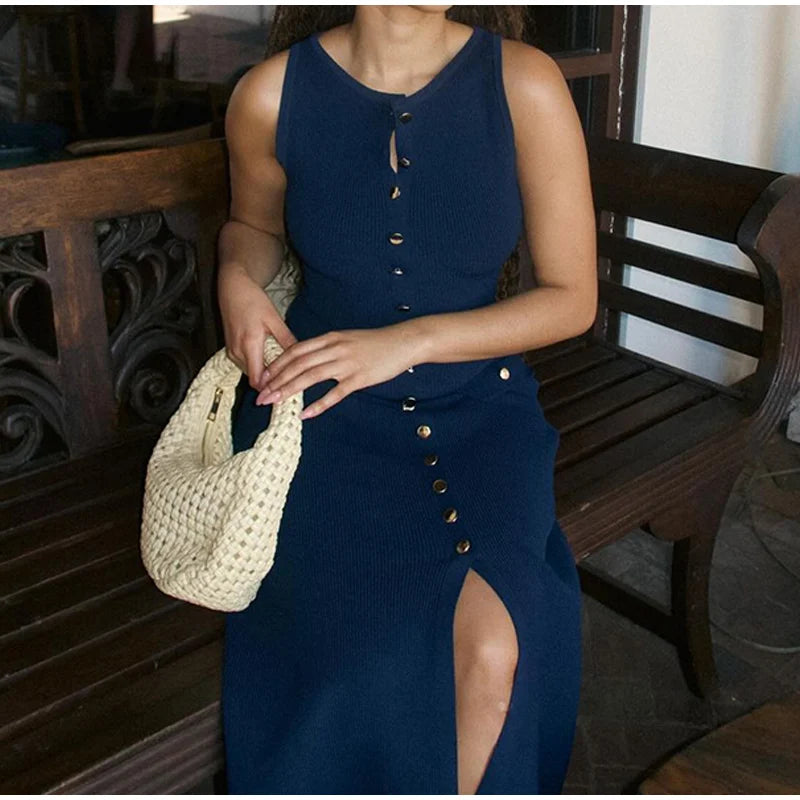 Knitted Sleeveless Button Up Long Dresses