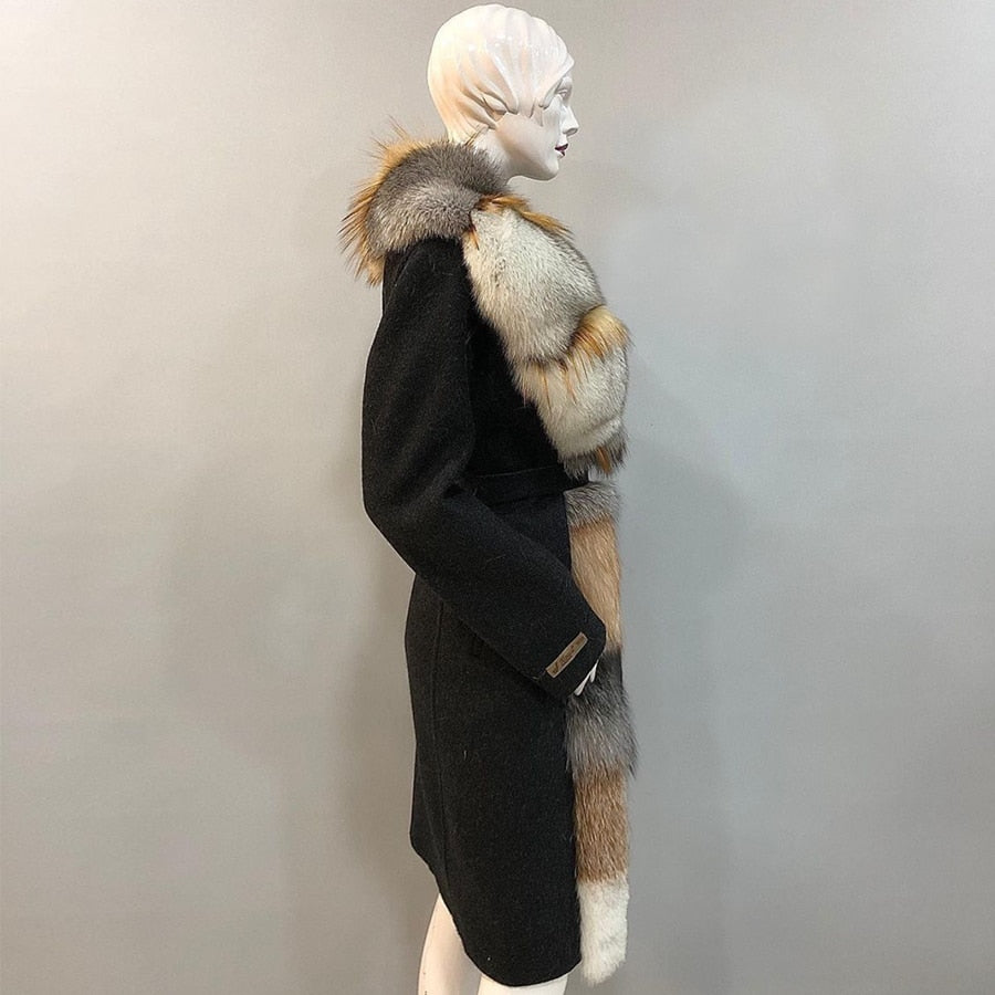 Cashmere Wool Coats Multi Real Fur Long Collar