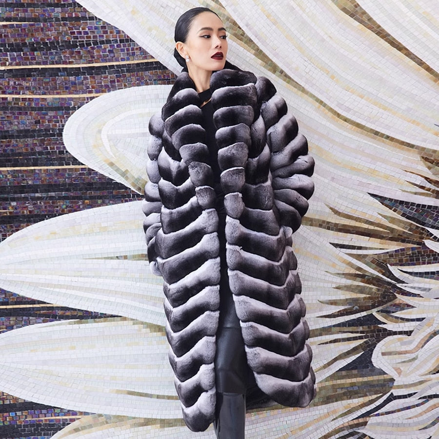 Luxury X-Long Real Fur Coat Chinchilla Style