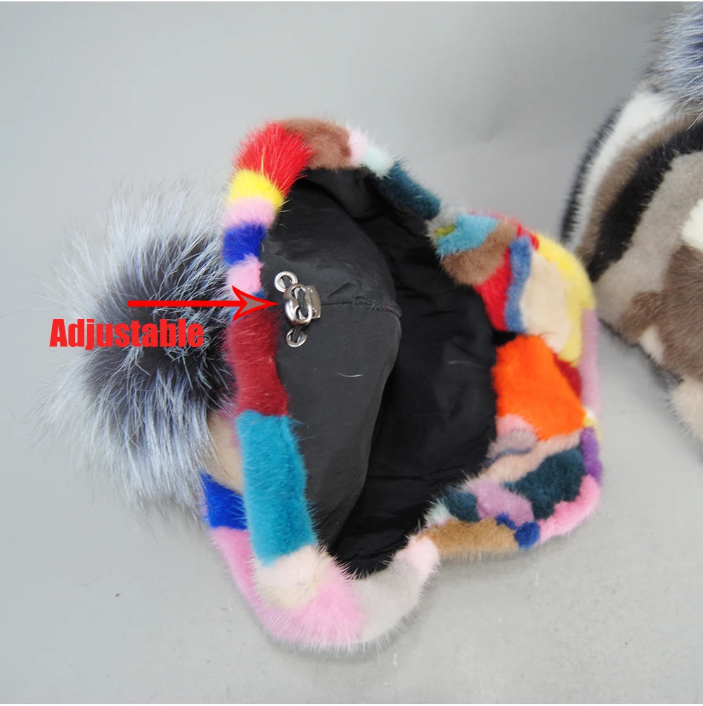 Colorful Real Mink Fur Bomber Hats Fur Pompom