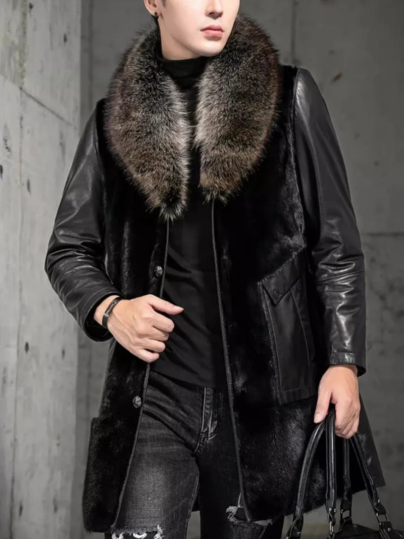 Genuine Leather Down Mink Fur Coats Real Fur Collar