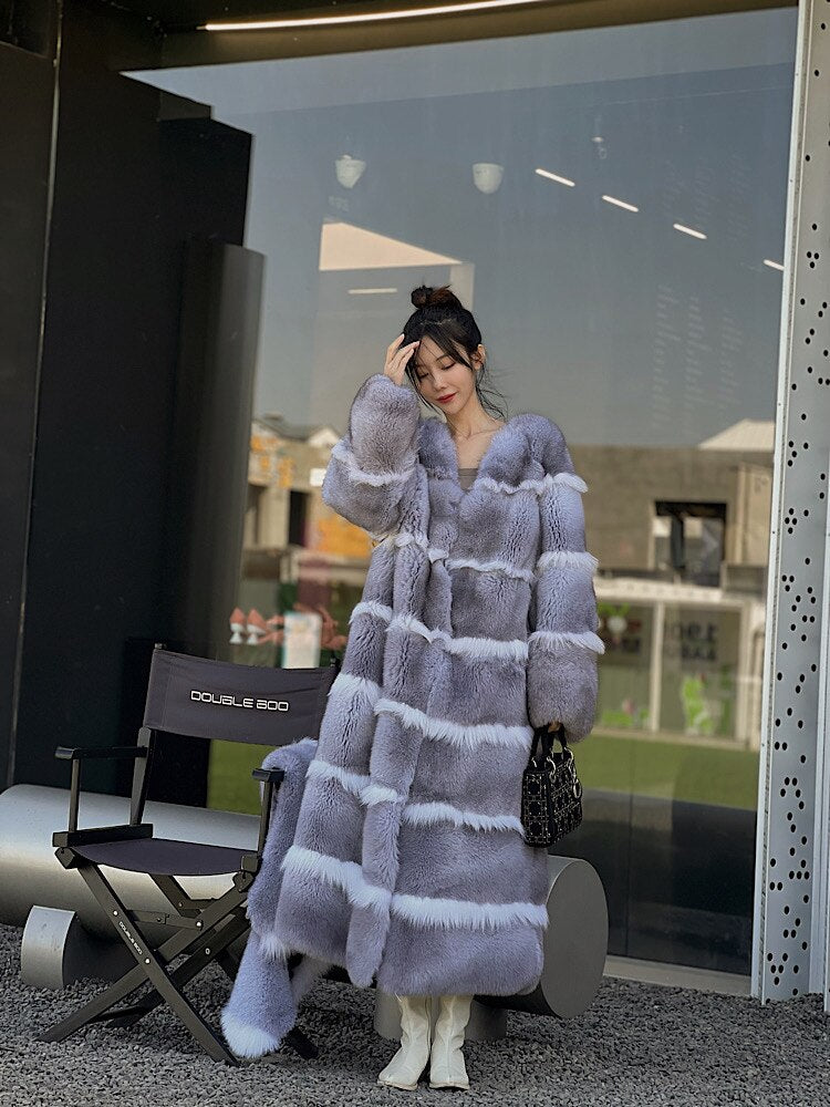 Luxury X-Long Fur Coat Detachable Big Fur Collar