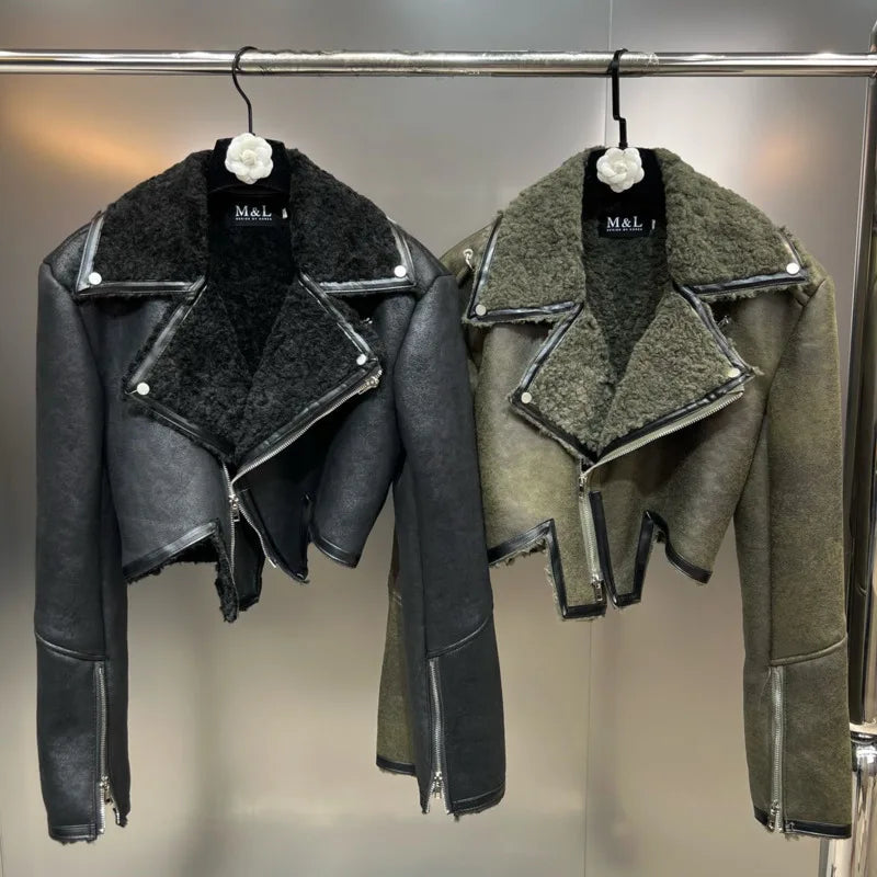 Crop PU Leather Jackets Faux Fur Liner