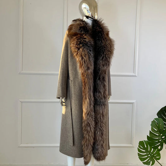 Cashmere Wool Long Coat Real Fur Collar