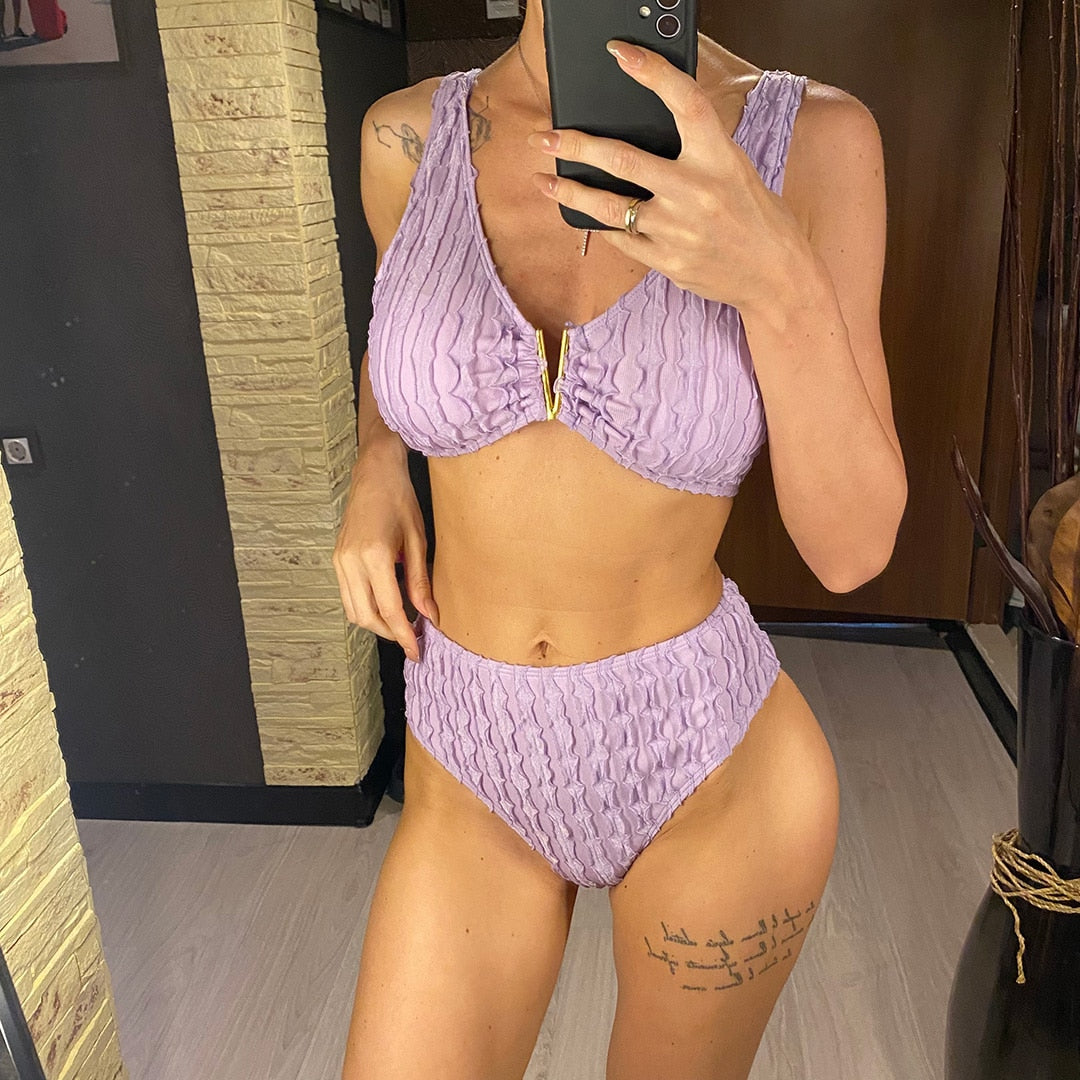 Purpled Wrinkled V Padded High Waist Bikini