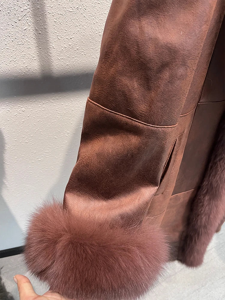 Genuine Leather Long Coats Real Fur Liner Collar Cuffs