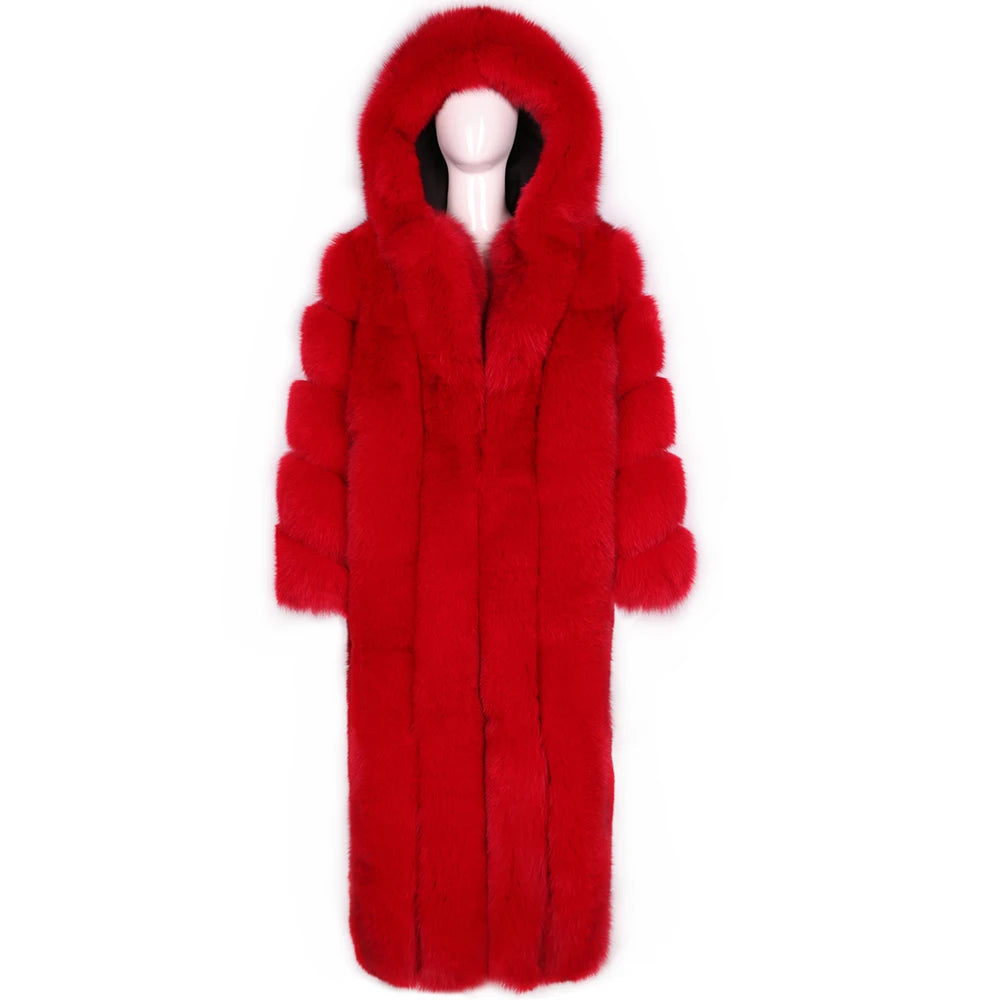 Luxury Long Hooded Real Fur Coats