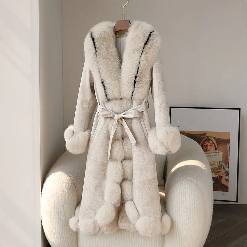 Genuine Leather Long Coats Suede Real Fur Lining Long & Collar