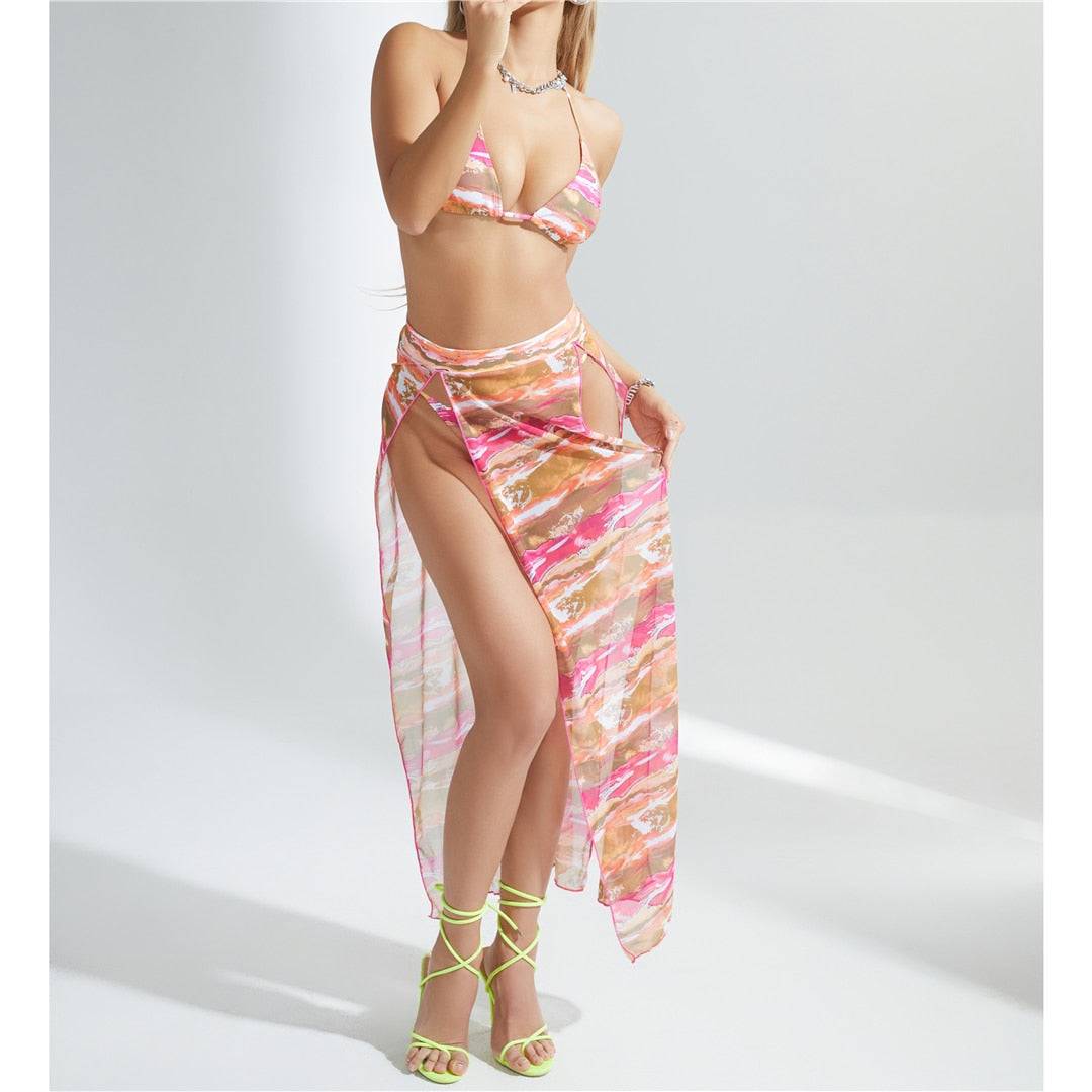 Print Halter Bikini Set & Long Skirt