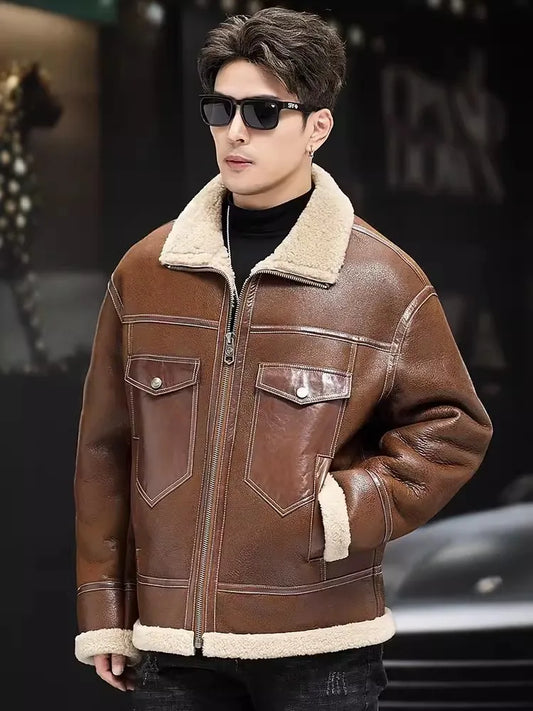 Luxury Genuine Leather Jacket Real Fur Shearling Liner