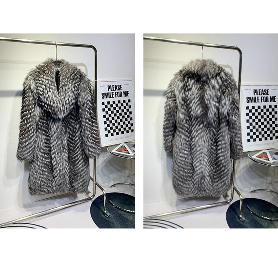 Sliver Knitted Pattern Real Fox Fur Long Coat