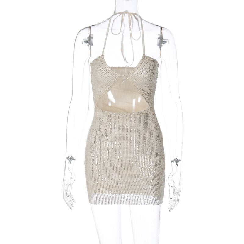 Silver Sequin Hollow Sleeveless Mini Dress