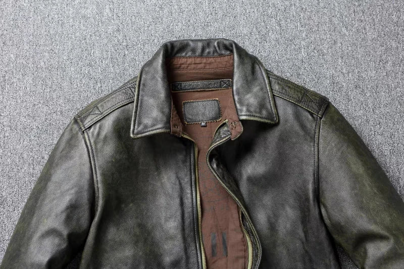 Green Genuine Leather Flight Jacket