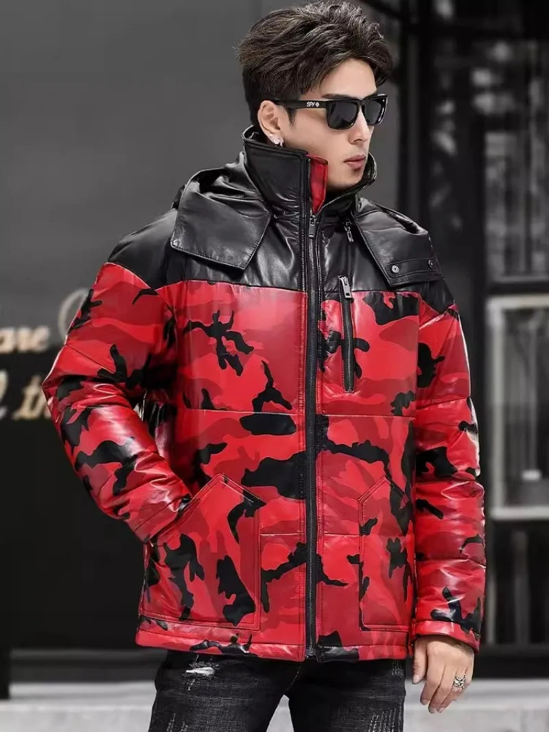 Red Camo Genuine Leather Down Coat