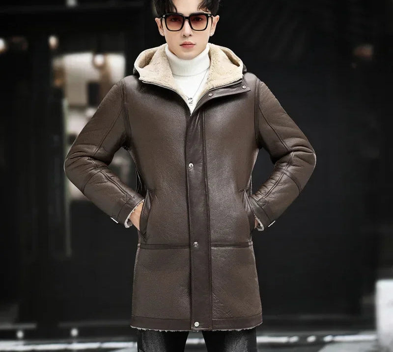 Genuine Leather Mid-length Coats Wool Liner Hooded