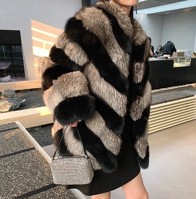 Silver & Black Pattern Real Fox Fur Coats