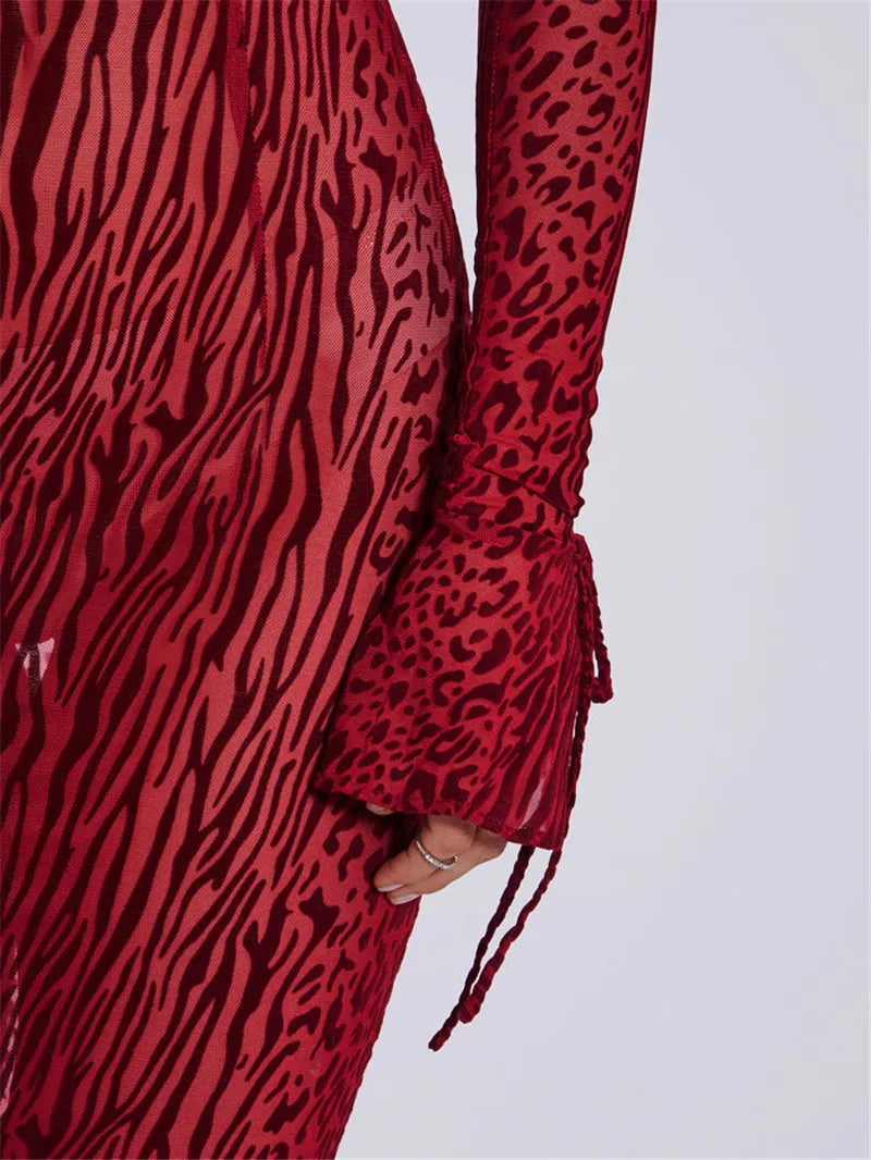 Leopard Zebra Print Flare Sleeve Backless Maxi Dress
