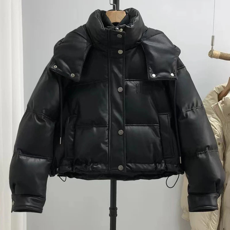 Down Jacket for Winter Women Real Sheepskin Casual Removable Hat Button Zipper Oversize Short White Duck Down Coats Pluma Mujer