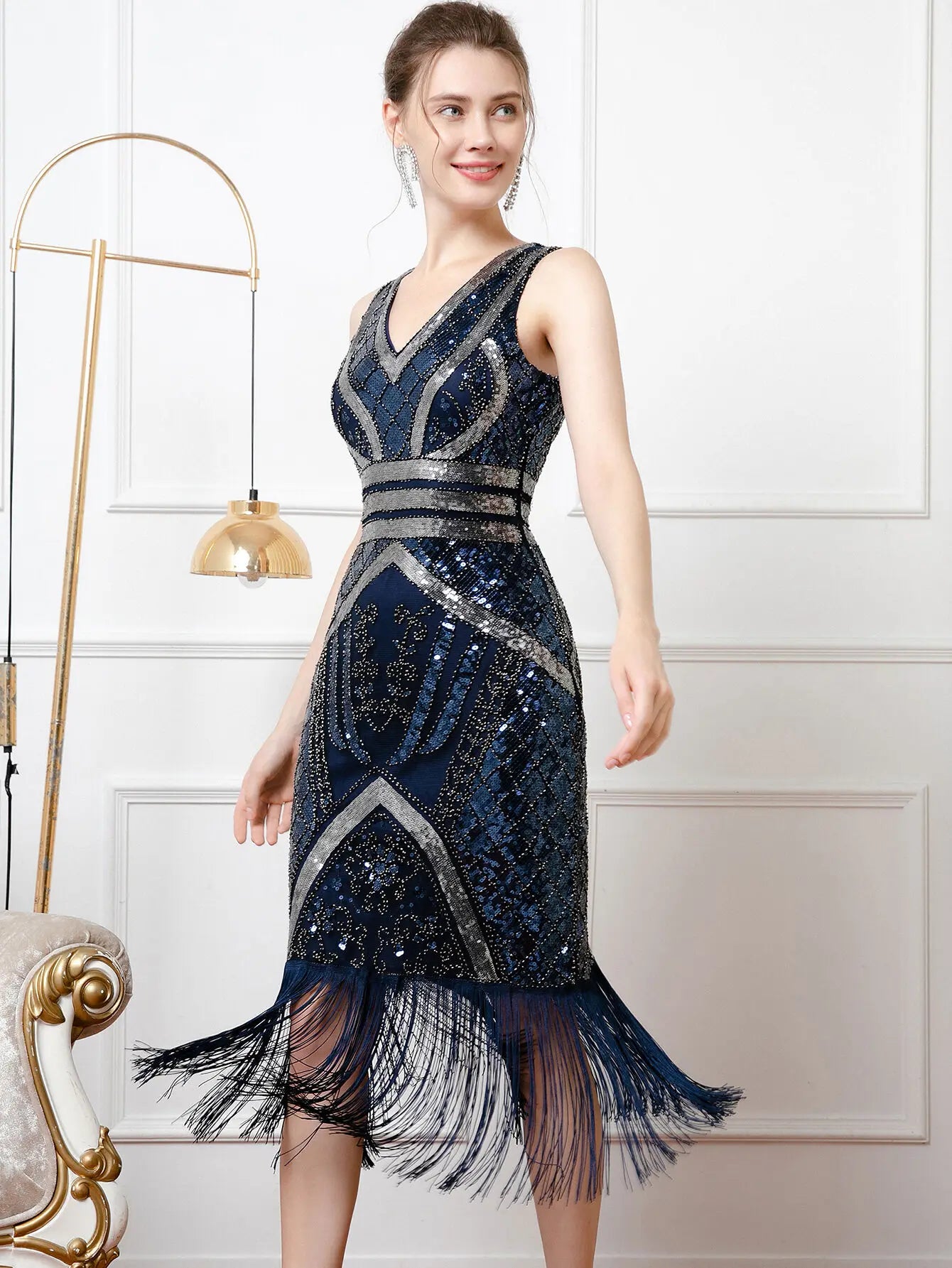 Blue Sequin Vintage Style Tassel Dress