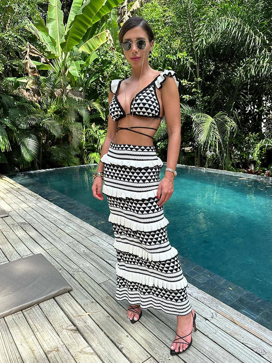 Bra Knitted Ruffled Wrap Long Skirt Set