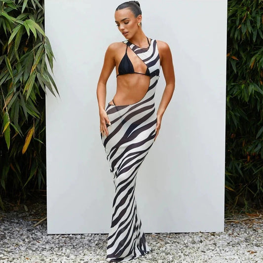 Zebra Striped See-through Long Dress