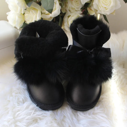 Waterproof Genuine Fur Ball Wool Snow Boots