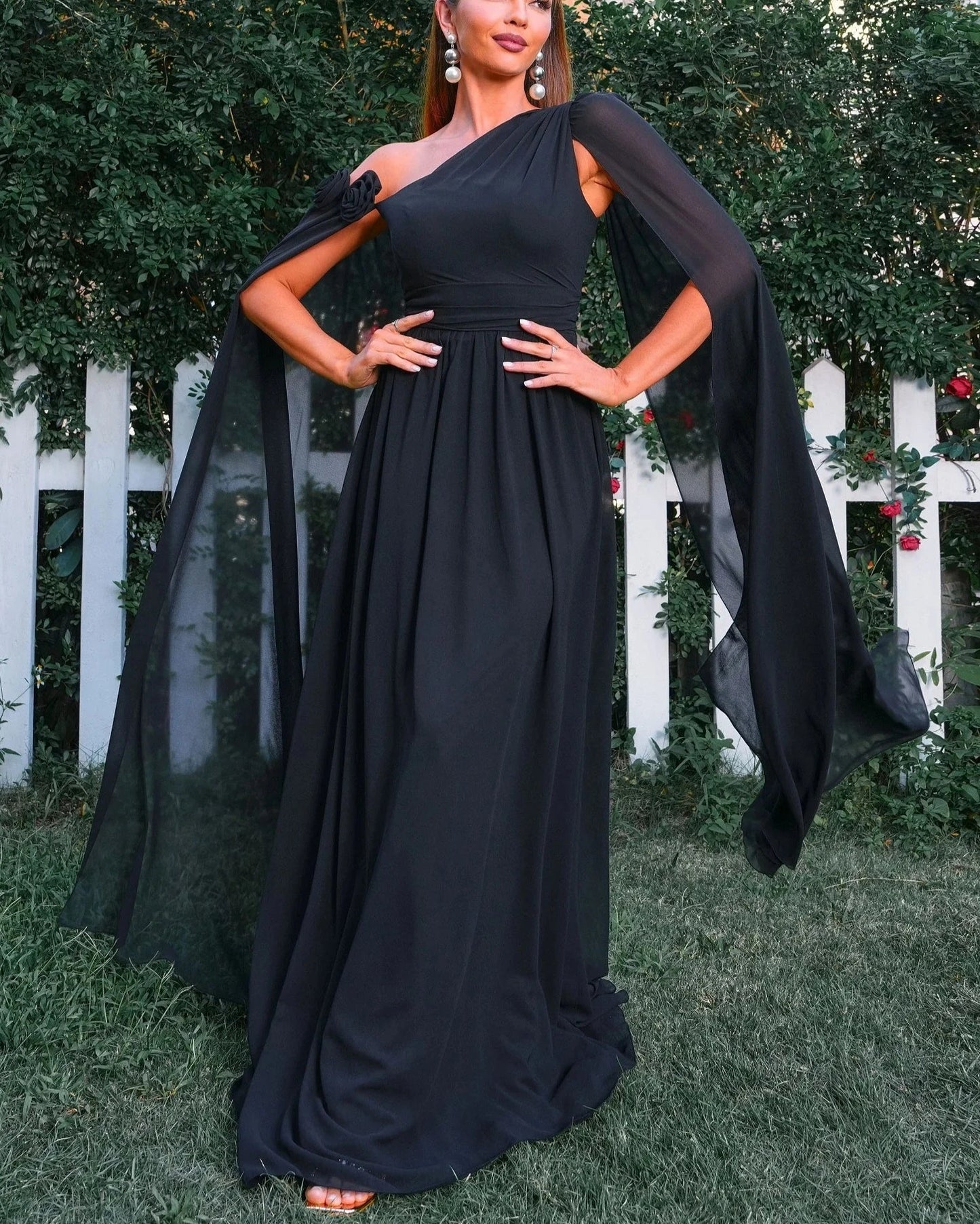 Black One Shoulder Drape Sleeves Dress