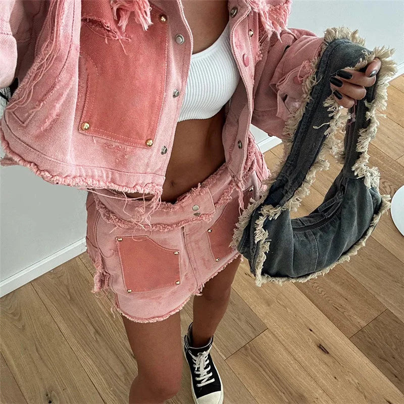 Tassel Jacket Crop Top & Mini Skirt Sets