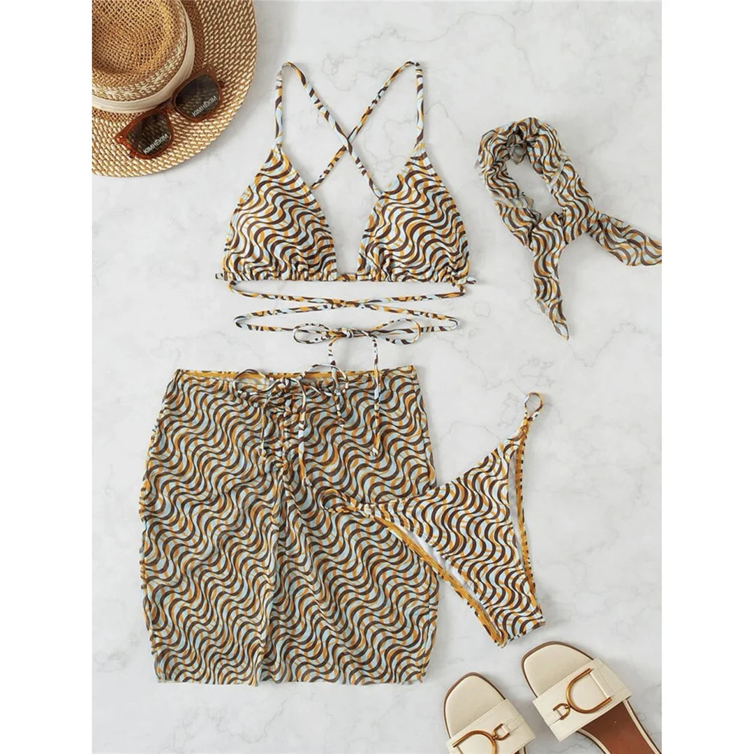 Printed Bikini + Skirt + Hairband 4pcs Sets