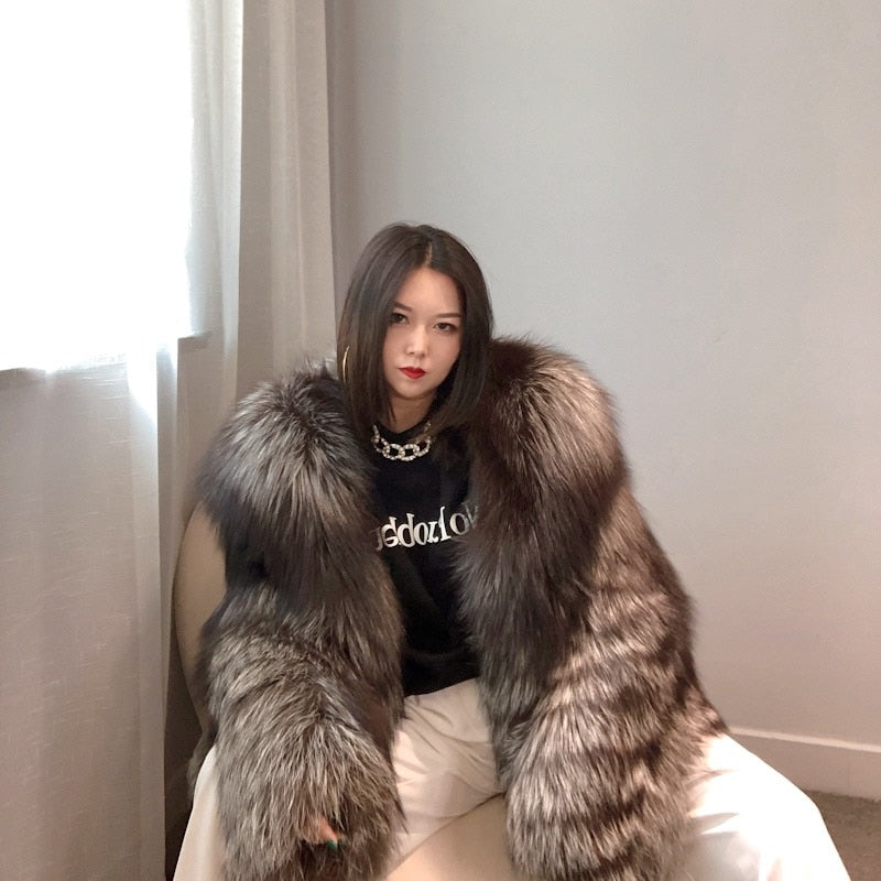 Luxury Dark Silver Real Fur Hooded Coat