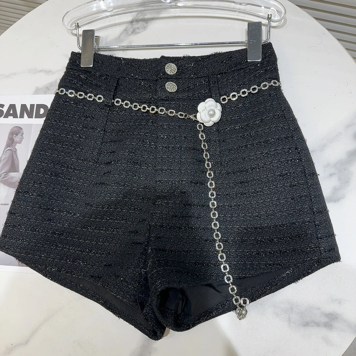 Pearl Flower Double Buttons Waist Chain Tweed Shorts