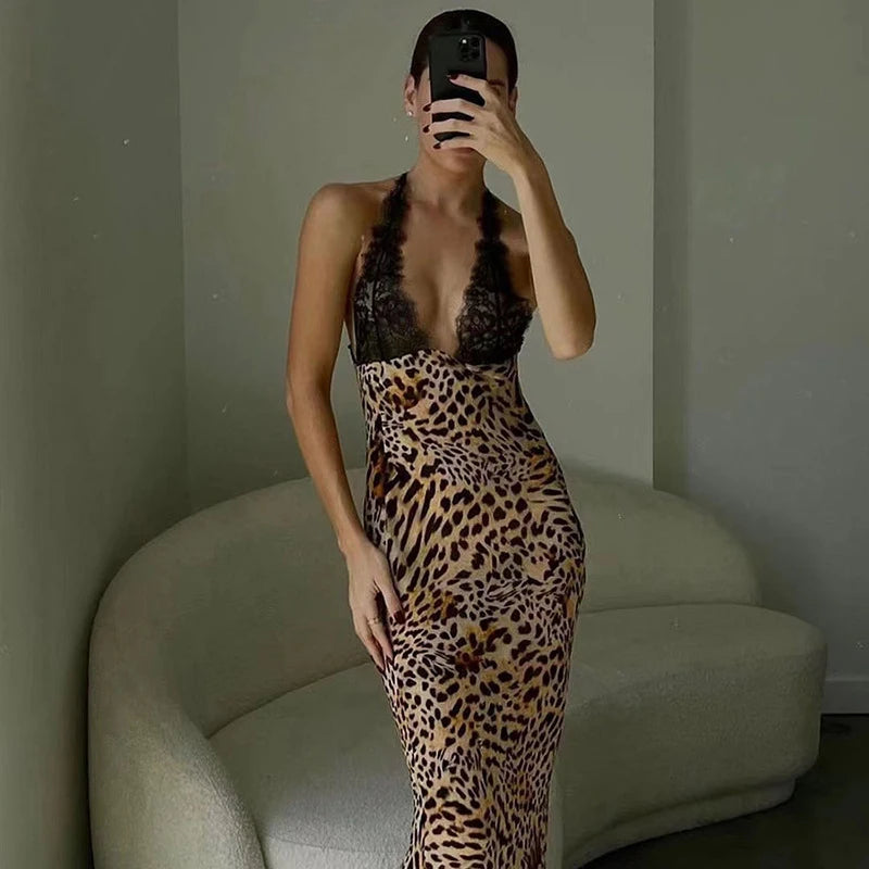 Leopard Print Halter Backless Dresses