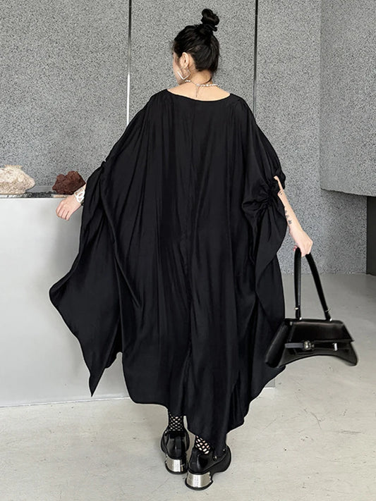 Black Pleated Irregular Loose Oversized Long Dress