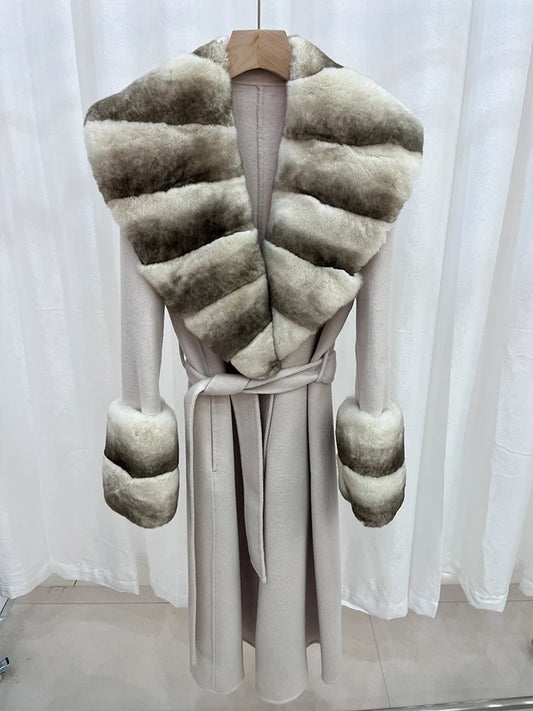 Long Cashmere Wool Coats Real Fur Collar & Cuffs