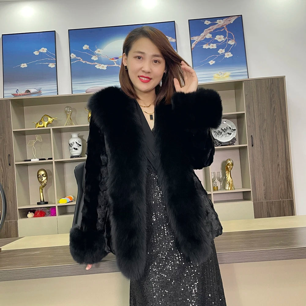 Real Mink Fur Coat Fox Fur Collar and Cuffs