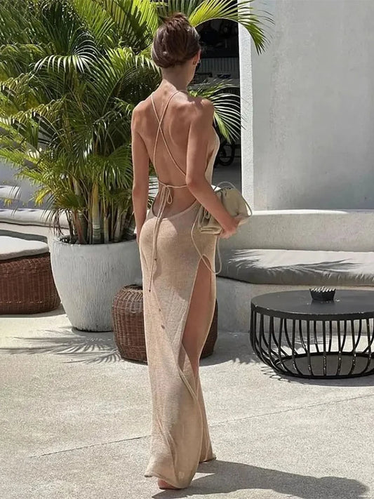 Knitted Halter Backless Maxi Dresses