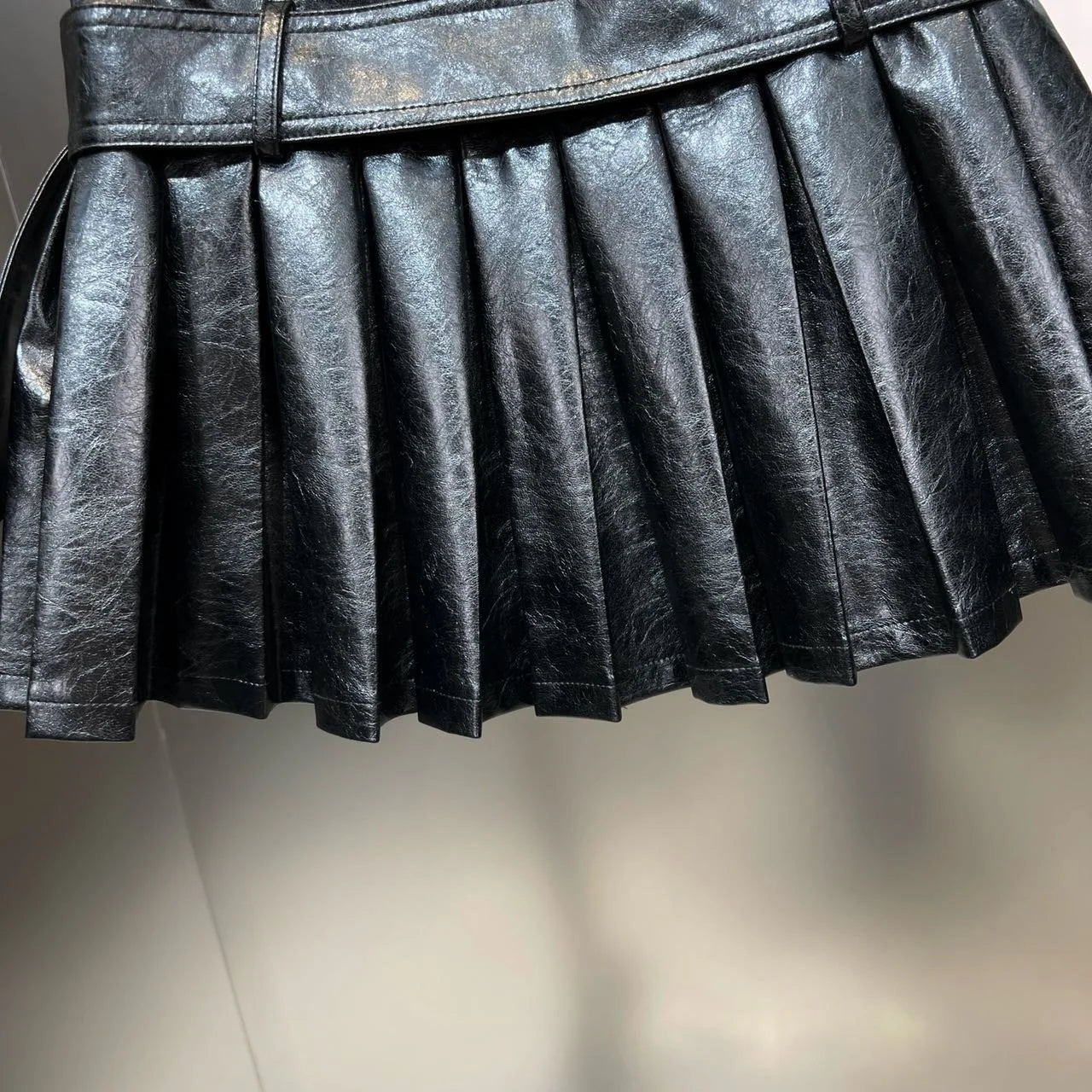 Pu Leather Diamond Buckle Belt Mini Skirt