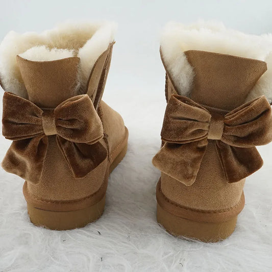 Genuine Leather Snow Boots Velvet Back Bow