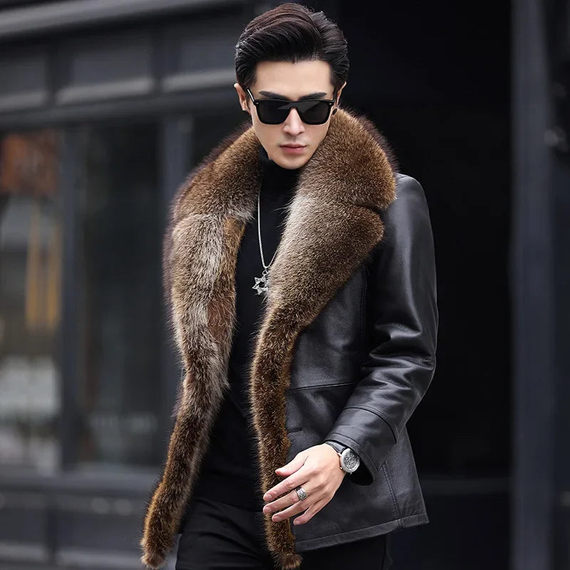 Genuine Leather Coat Real Fur Lining Collar