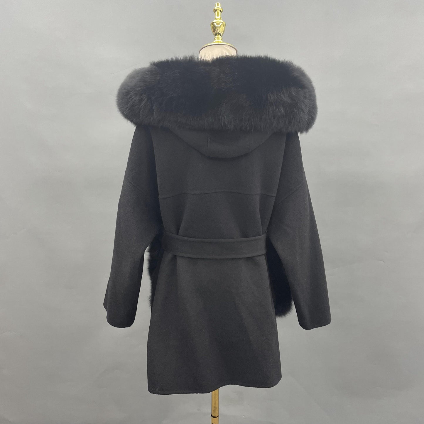 Cashmere Pea Coats Fur Trim Hood With Big Fur Pockets