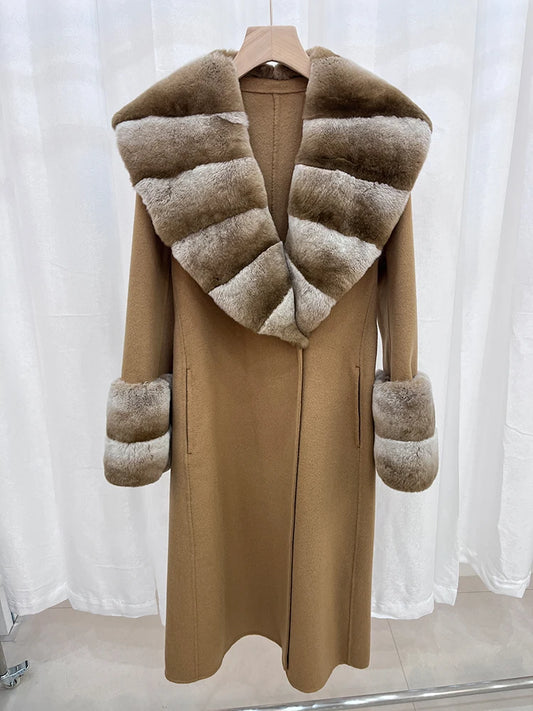 Long Cashmere Wool Coats Real Fur Collar & Cuffs